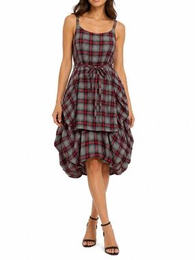 Krista Larson burgundy and Gray plaid Umbrella Slip midi Dress ONE SIZE